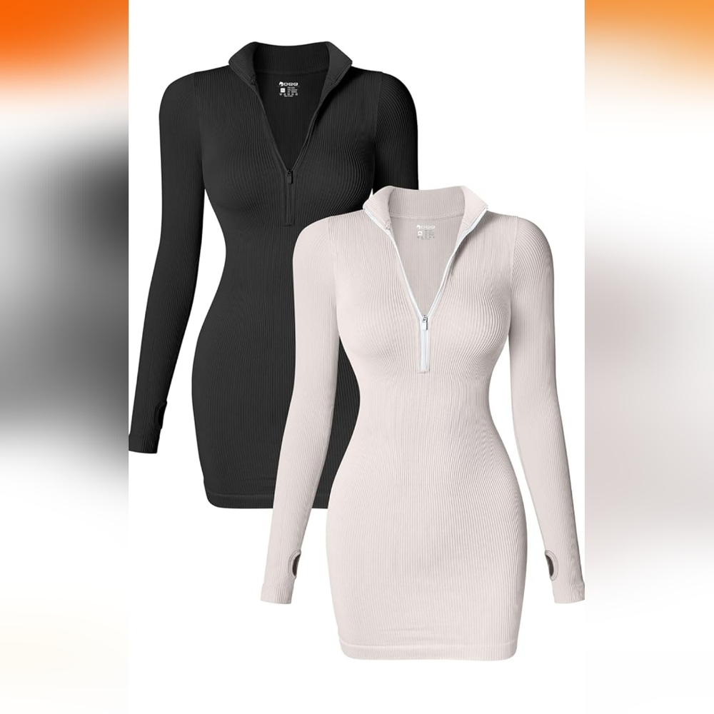 OQQ Women's 2 Piece Dresses Sexy Ribbed Zip Front Long Sleeve Tops Mini Dress